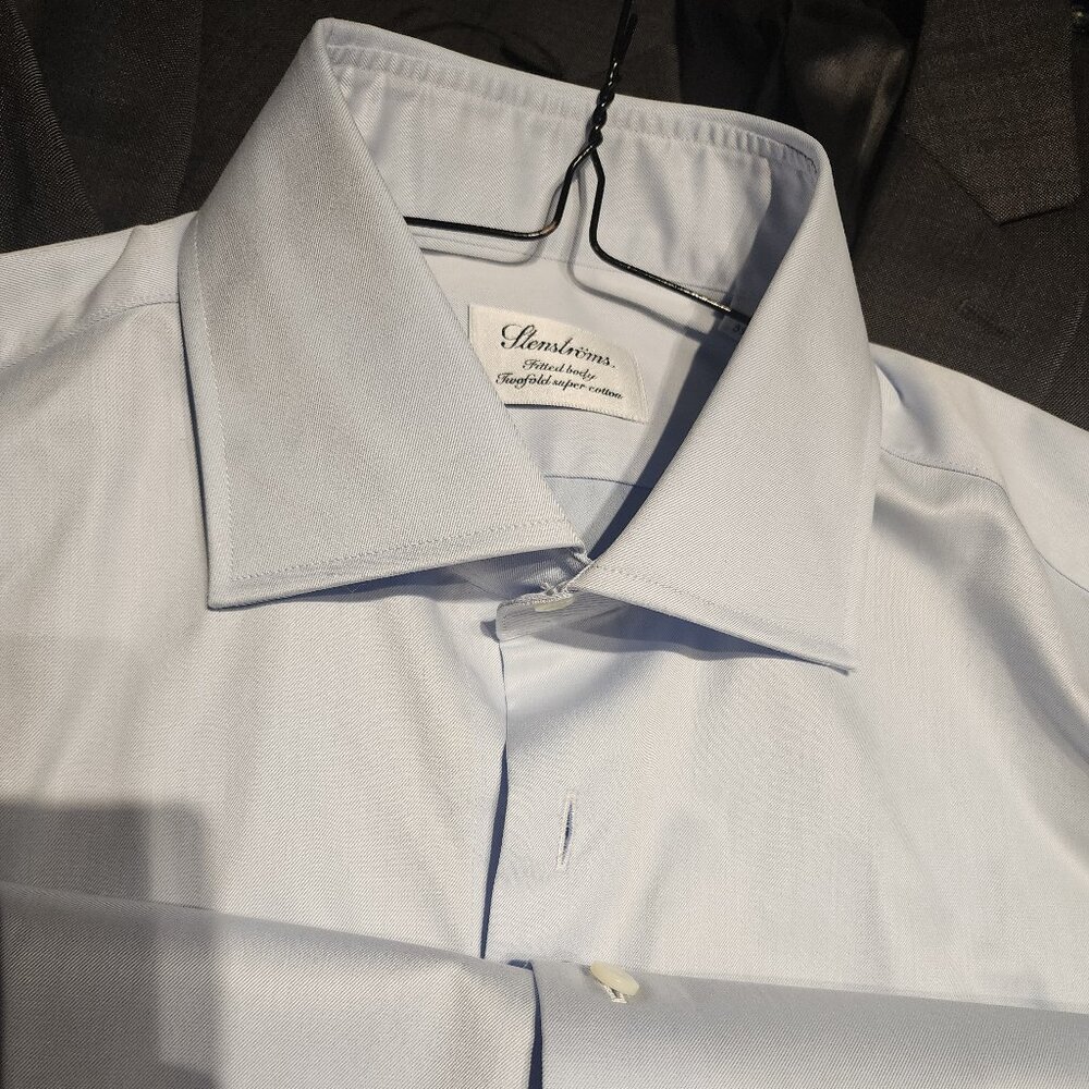 NWOT Stenströms Light Blue Fitted Two-Fold Super Cotton French Cuff Shirt 15.5